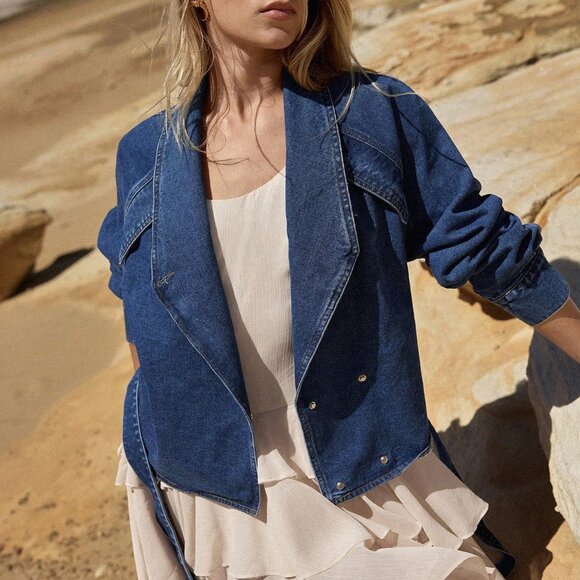 Blue Casual Women's Shawl Collar Raglan Sleeve Belted Denim Jacket - Picture 6 of 6